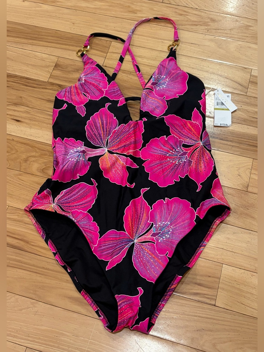 NWT Trina Turk Women’s Fleury Plunge Maillot Floral One Piece Swimsuit - Size 14